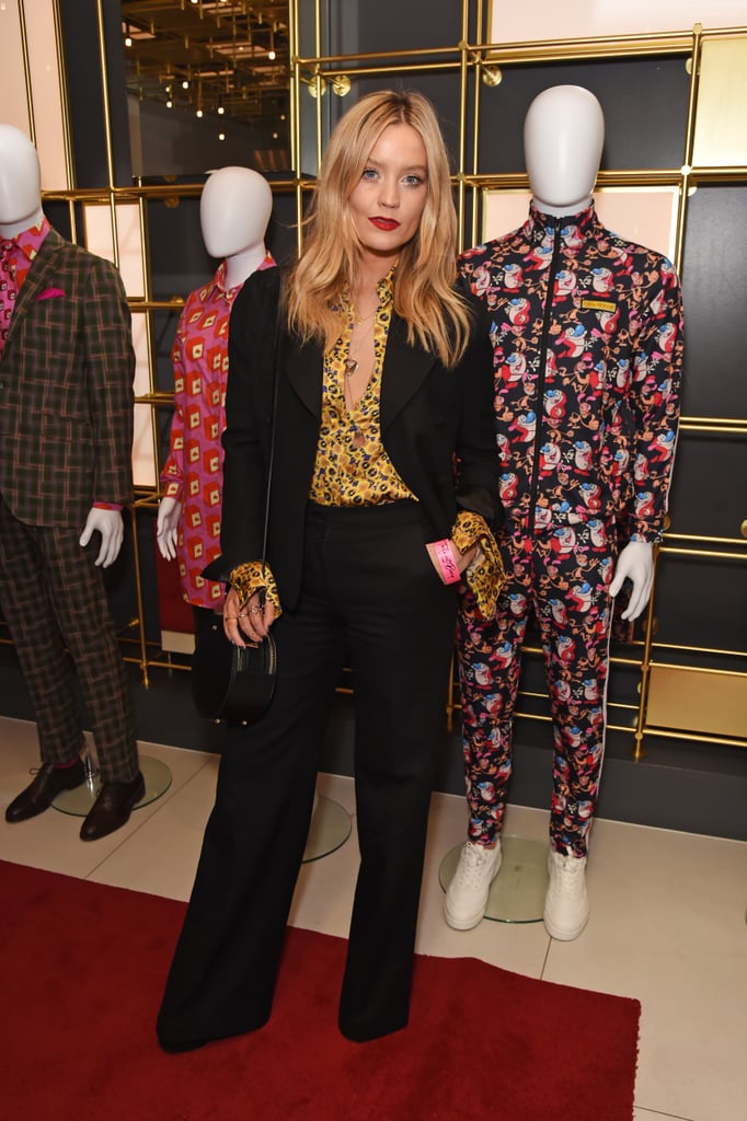 Laura Whitmore Wears a Black Suit and Gresham Blake Blouse