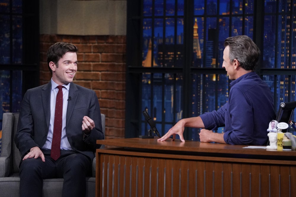 LATE NIGHT WITH SETH MEYERS -- Episode 1187A -- Pictured: (l-r) Comedian John Mulaney during an interview with host Seth Meyers on September 7, 2021 -- (Photo by: Lloyd Bishop/NBC)