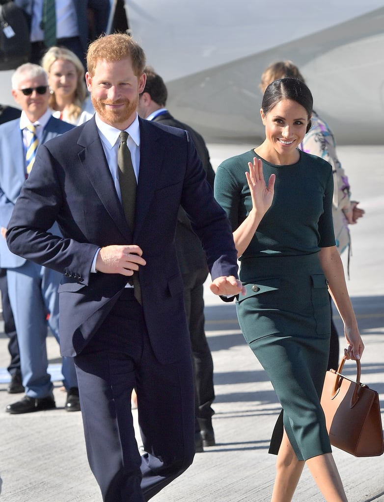 She styled her separates with a cognac-colored Strathberry Midi Tote ($675) and beige suede heels.