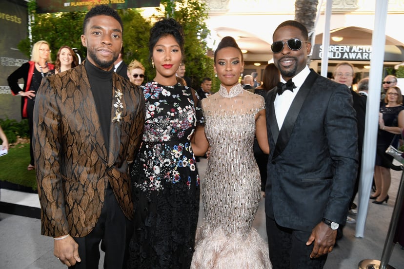 LOS ANGELES, CA - JANUARY 27:  (L-R) Chadwick Boseman, Taylor Simone Ledward, Ryan Michelle Bathe, and Sterling K. Brown attend the 25th Annual Screen Actors Guild Awards at The Shrine Auditorium on January 27, 2019 in Los Angeles, California. 480568  (Ph