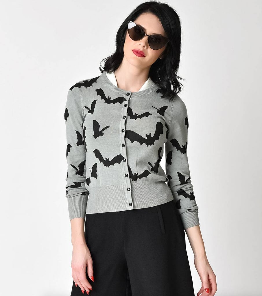 Retro Style Grey & Black Flying Bats Long Sleeve Knit Cardigan ($58)