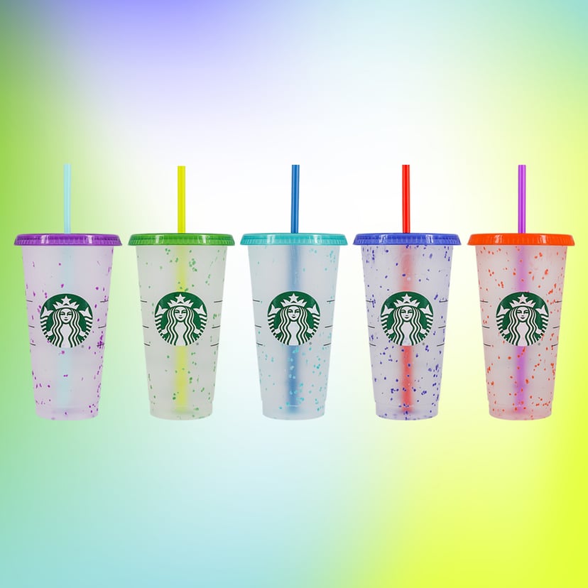 plastic rainbow colored cups in set