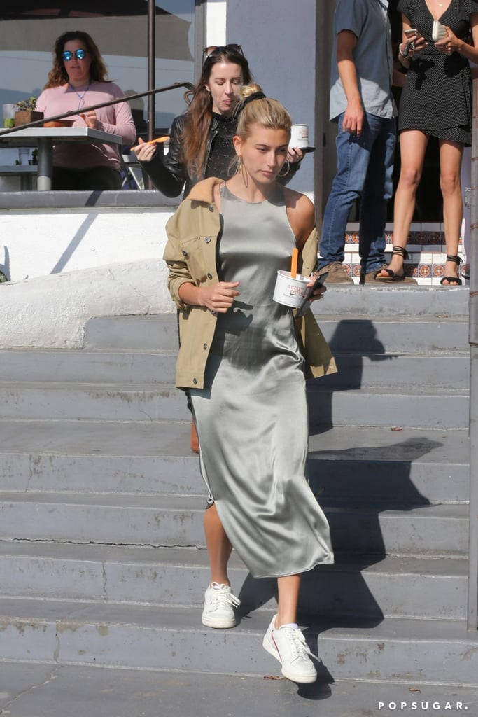 Hailey Baldwin Silver Slip Dress With Justin Bieber's Mom