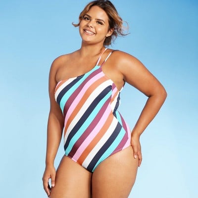 Kona Sol Women's One Shoulder 'Under the Sun' Modern One Piece Swimsuit - Multi Stripe