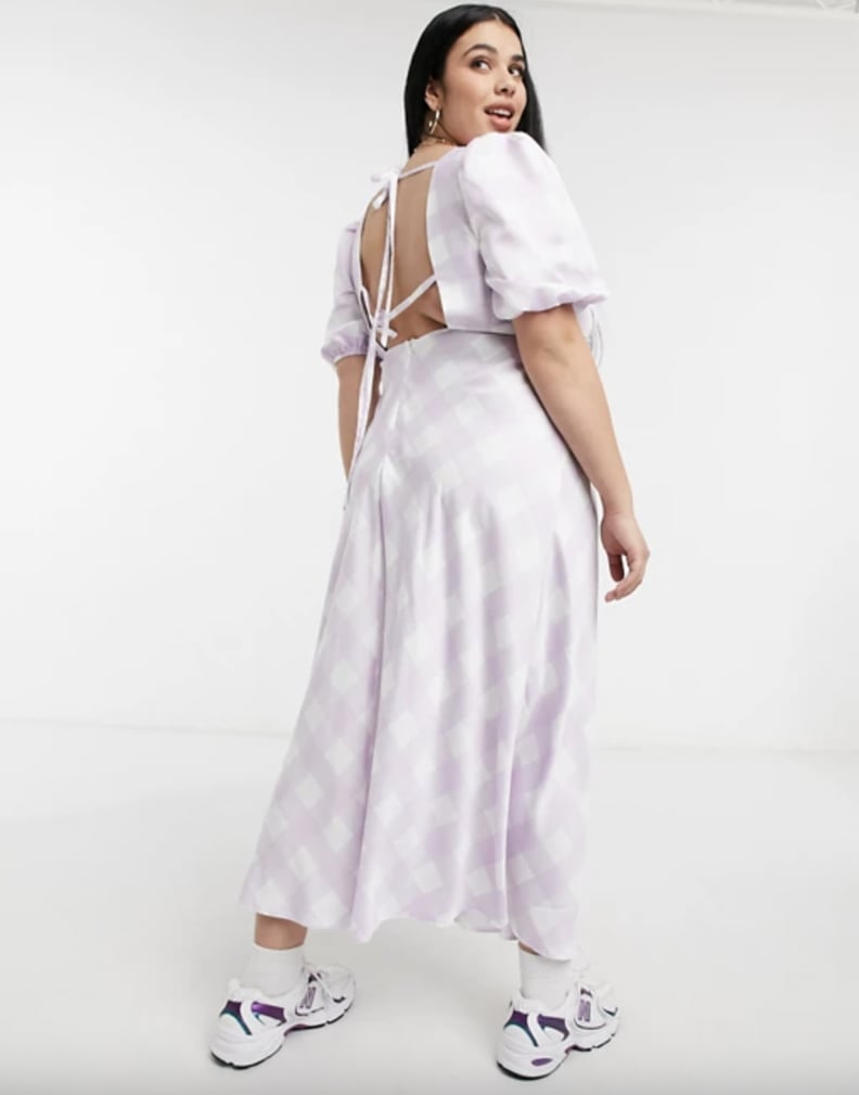 ASOS Design Curve Satin Puff Sleeve Open Back Midi Tea Dress