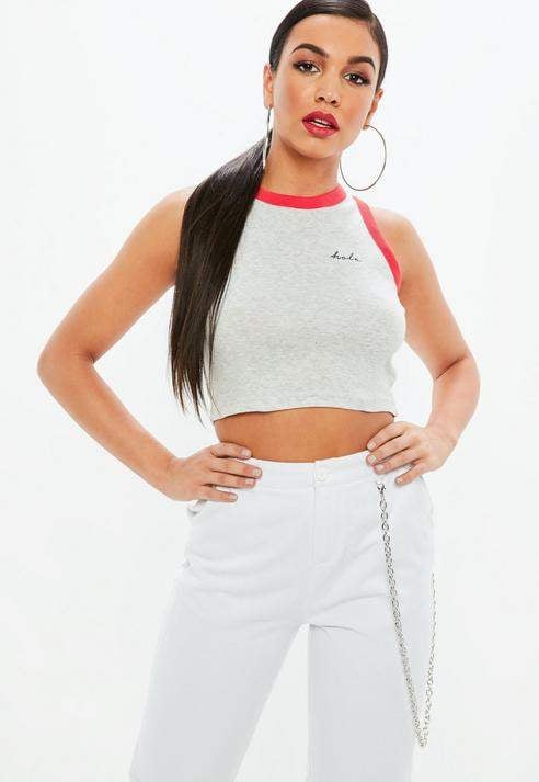 Missguided Grey Contrast Red Trim Graphic Cropped Tank Top