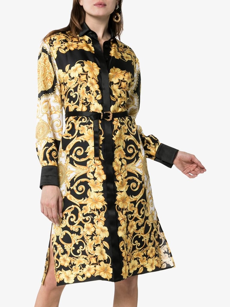 Versace Button-Down Baroque Print Belted Silk Midi Dress