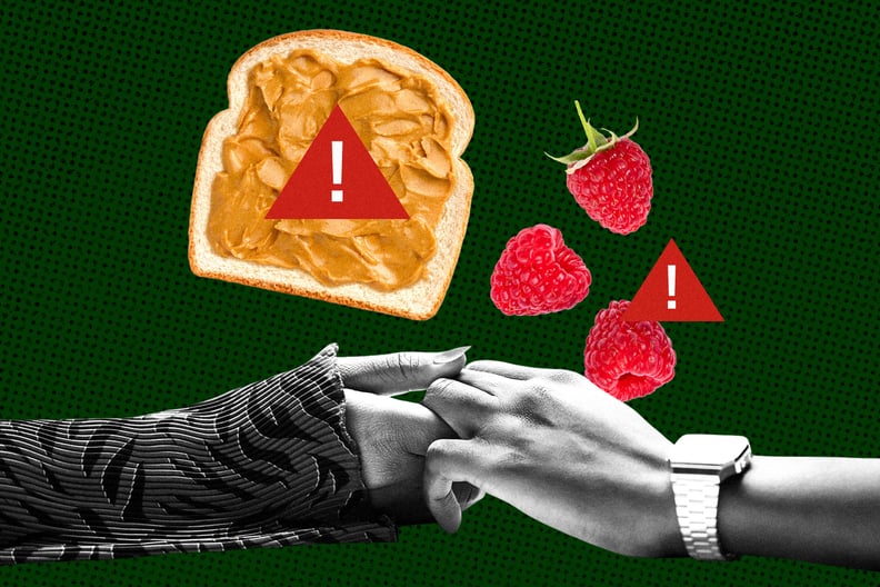 A collage of two hands holding each other below a piece of peanut butter toast and some red berries marked with toxic allergy signs.