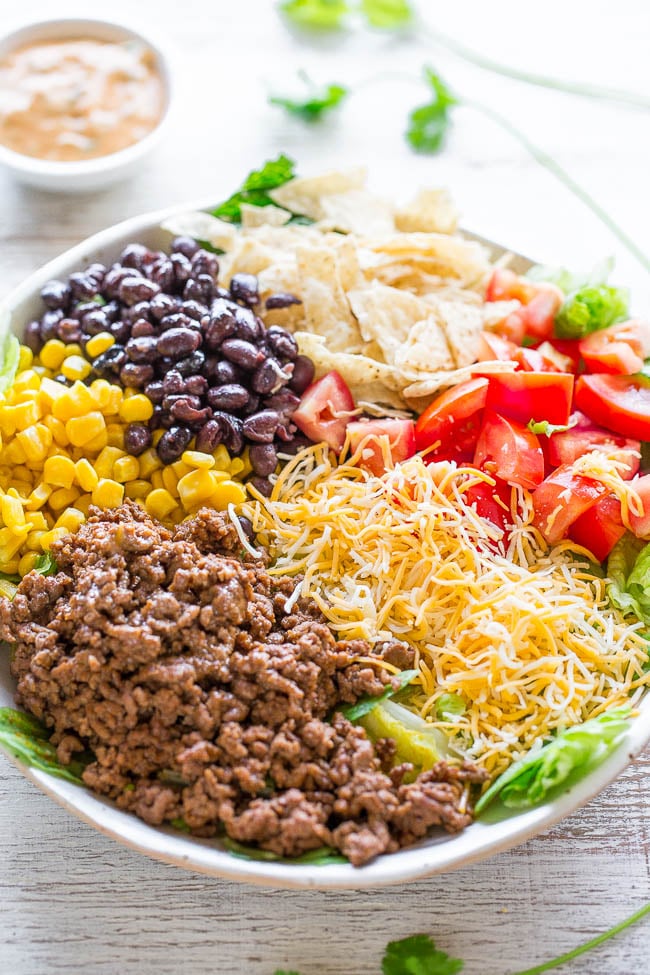 Loaded Beef Taco Salad With Creamy Lime Cilantro Dressing