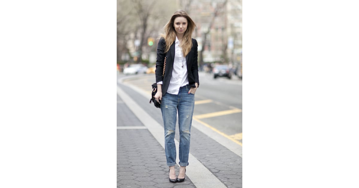 Take your favorite buttondown and jeans to work with a blazer and