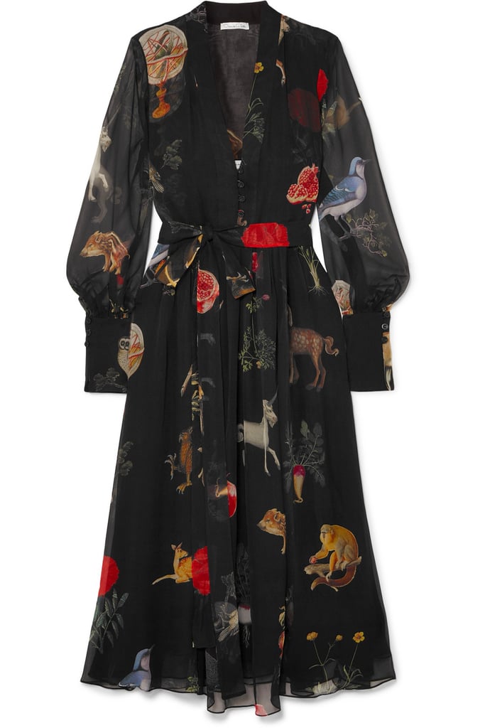 Oscar de la Renta Belted Printed Silk-Chiffon Dress