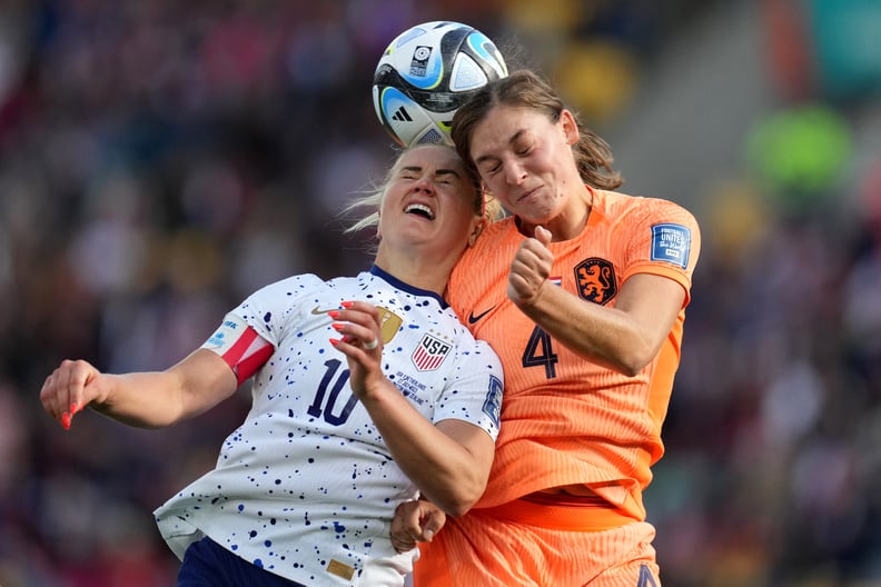 WELLINGTON, NEW ZEALAND - JULY 27: Lindsey Horan #10 of the United States goes up for a header with Aniek Nouwen #4 of the Netherlands during the second half of the FIFA Women's World Cup Australia & New Zealand 2023 Group E match at Wellington Regional S