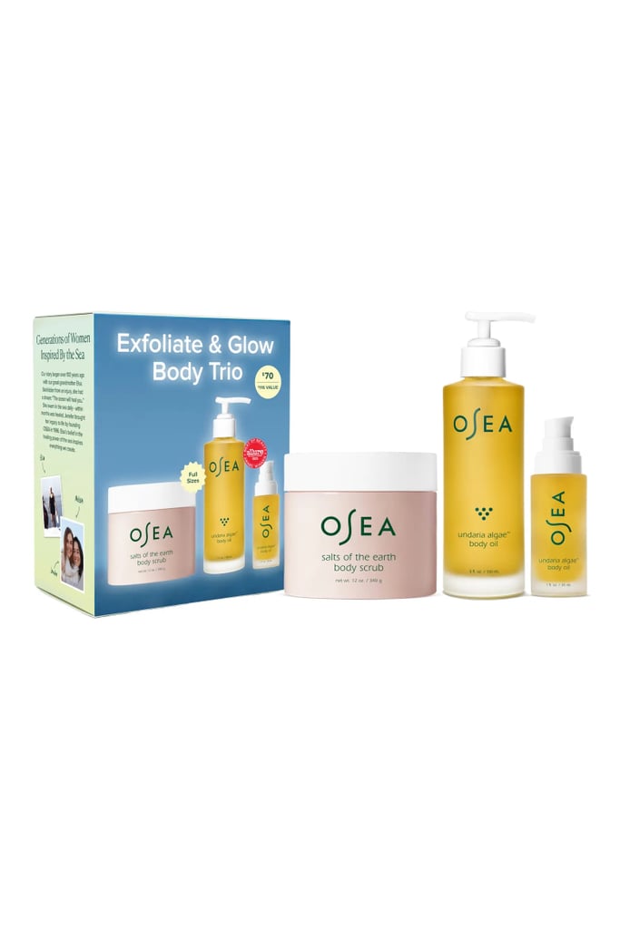 OSEA Exfoliate & Glow Body Trio ($70)
There's a reason why celebrities like Victoria Beckham and Halle Berry are obsessed with OSEA's body products. The brand is known for keeping skin soft and hydrated from head to toe. This set includes the Earth Body Scrub to gently exfoliate and a full-size and travel-size of the Undaria Algae Body Oil to lock in moisture. Learn more in our editor's Undaria Algae Body Oil review.  
Editor Quote: "The hydration is long lasting, and I notice that my skin feels moisturized throughout the entire day without the need for reapplication. Plus, the scent — which is beyond words — lasts for hours. It's a mix of lime and grapefruit, and it's an absolute citrus dream. I always get tons of compliments on how I smell whenever I wear it, even if I forget to spritz on perfume before leaving the house." — Renee Rodriguez, senior beauty staff writer and social producer