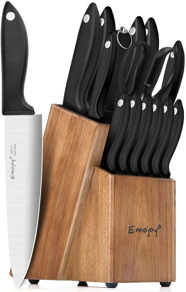 15-Piece Kitchen Knife Set with Sharpener Wooden Block and Serrated Steak Knives