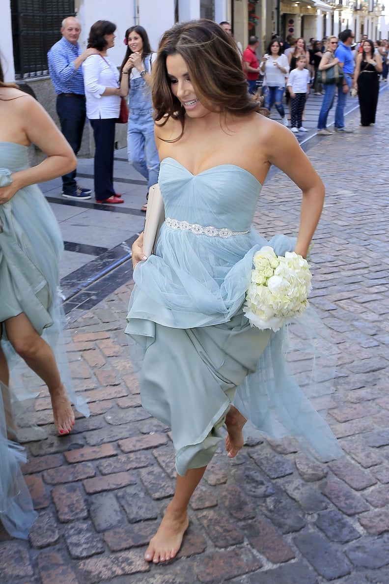 eva longoria blue dress Barefoot at Spanish Wedding birthday dress for women Kensie Ruffle Long Sleeve Pricing:6 Sheets Labels