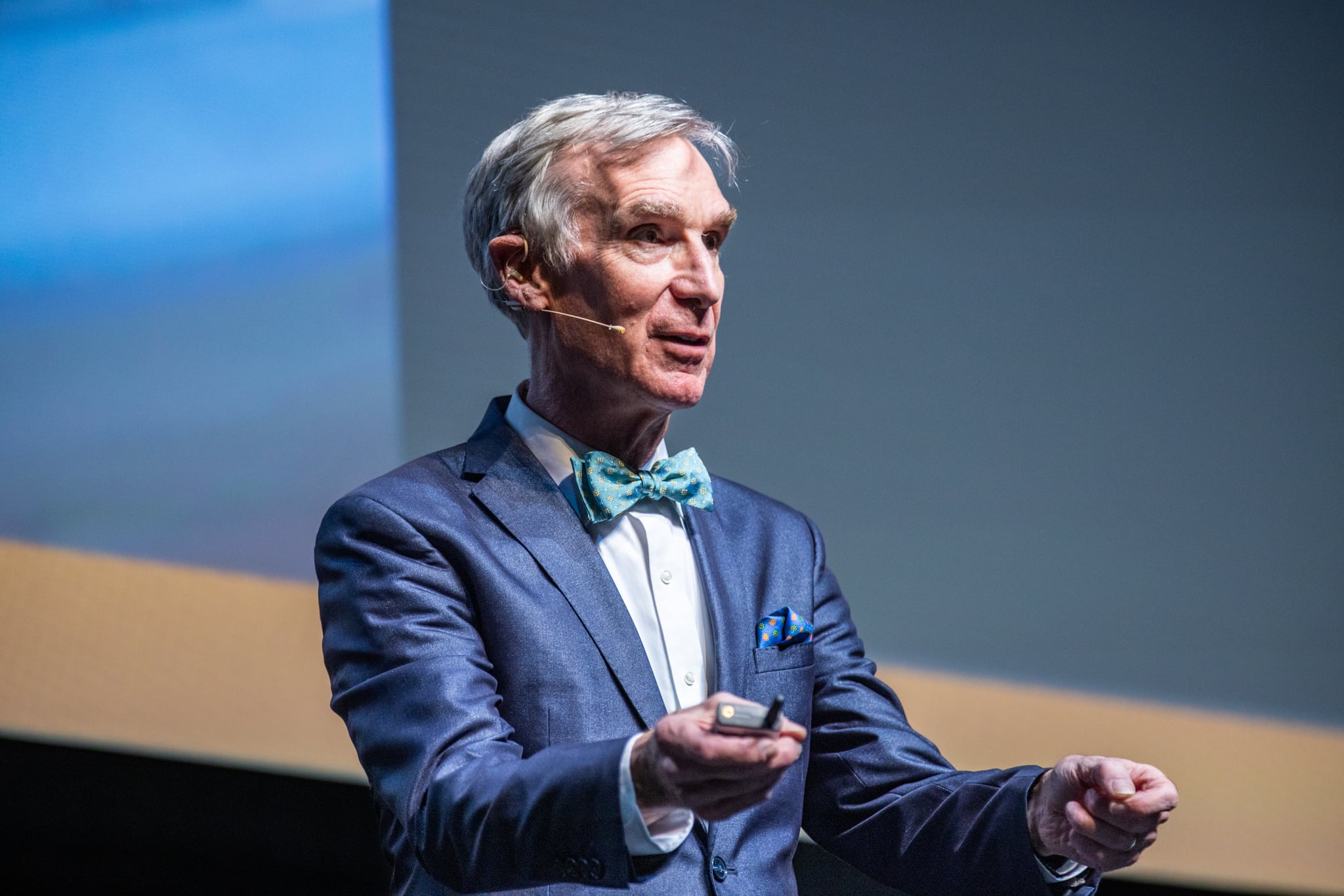 TORONTO, ONTARIO - MARCH 29: Author, science educator, inventor, engineer, comedian, and Emmy Award-winning television presenter Bill Nye speaks onstage during The End is Nye. An Evening with Bill Nye the Science Guy! at Meridian Hall on March 29, 2023 in Toronto, Ontario. (Photo by Mathew Tsang/Getty Images)