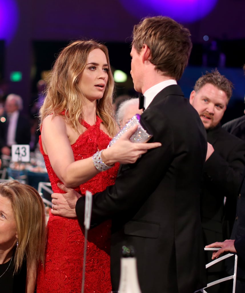 Emily Blunt met up with Eddie Redmayne for a chat.