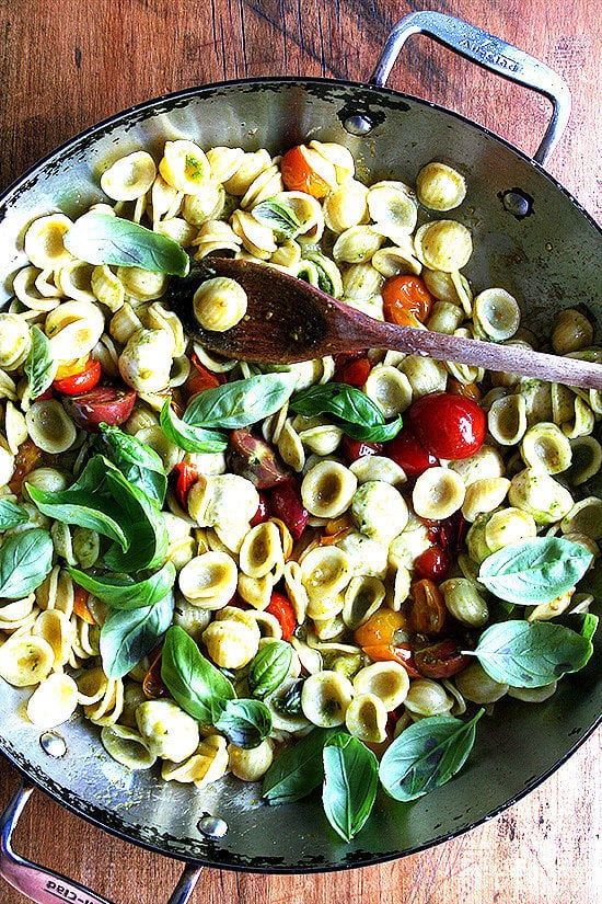 Orecchiette With Cherry Tomatoes, Mozzarella, and Basil Pesto