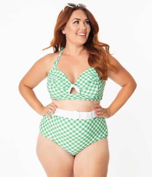 Unique Vintage Plus Size 1950s Mrs. West Green & White Gingham Halter Swim Top