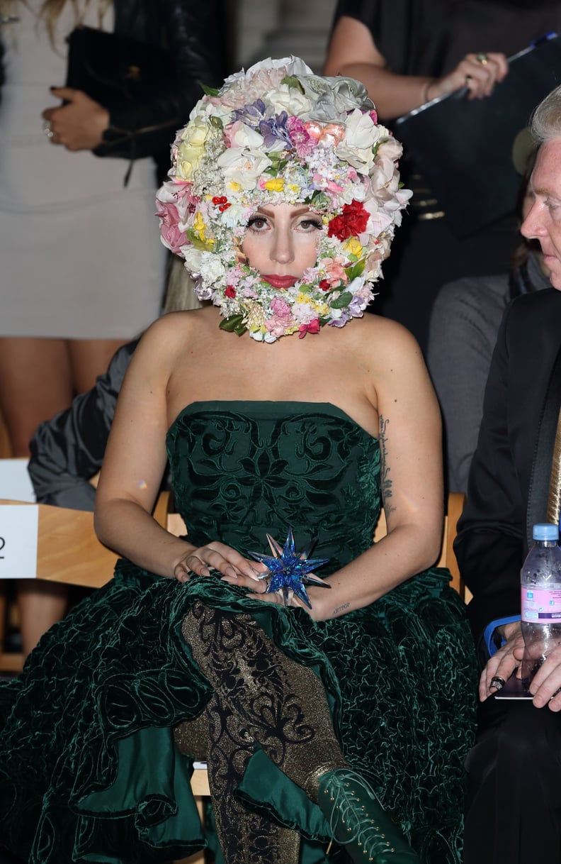 Lady Gaga in Flower Hat at Philip Treacy SS2013 Show in London