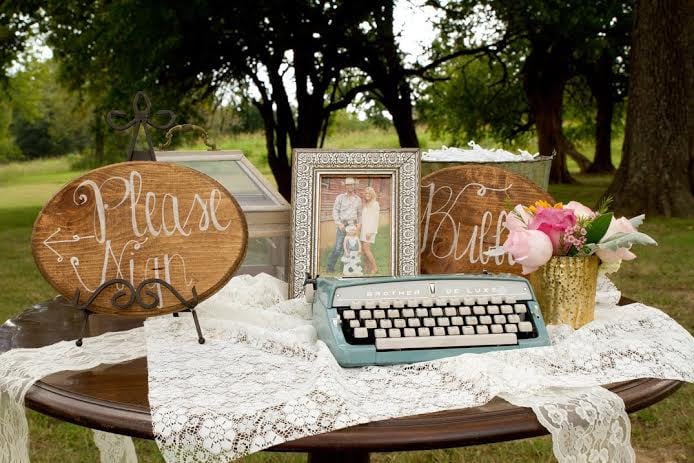 Typewriter and Wooden Signs