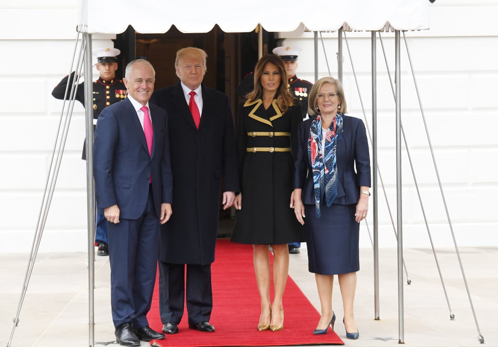 On Feb. 23, the Trumps welcomed Australian Prime Minister Malcolm Turnbull and Lucy Turnbull to the White House. For the occasion, Melania wore gold snakeskin pumps that matched the designs on her Dolce & Gabbana coat dress.