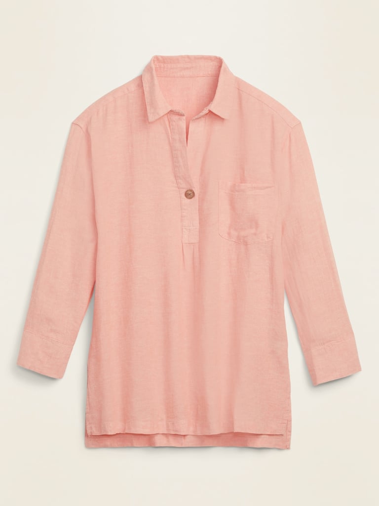 Linen-Blend Popover Tunic Shirt