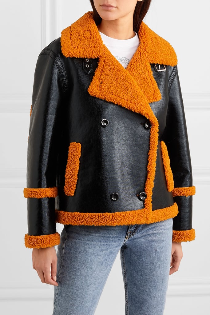 Stand Studios Lilli Faux Shearling-Trimmed Glossed Faux Leather Jacket