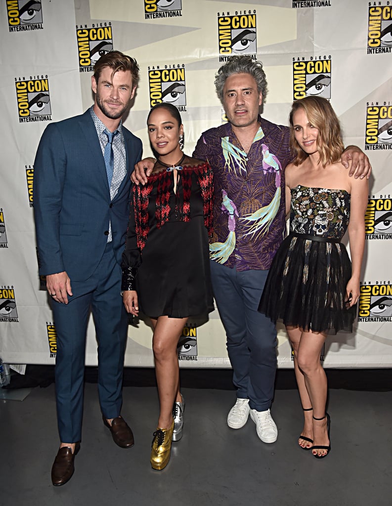 Pictured: Chris Hemsworth, Tessa Thompson, Taika Waititi, and Natalie Portman at San Diego Comic-Con.