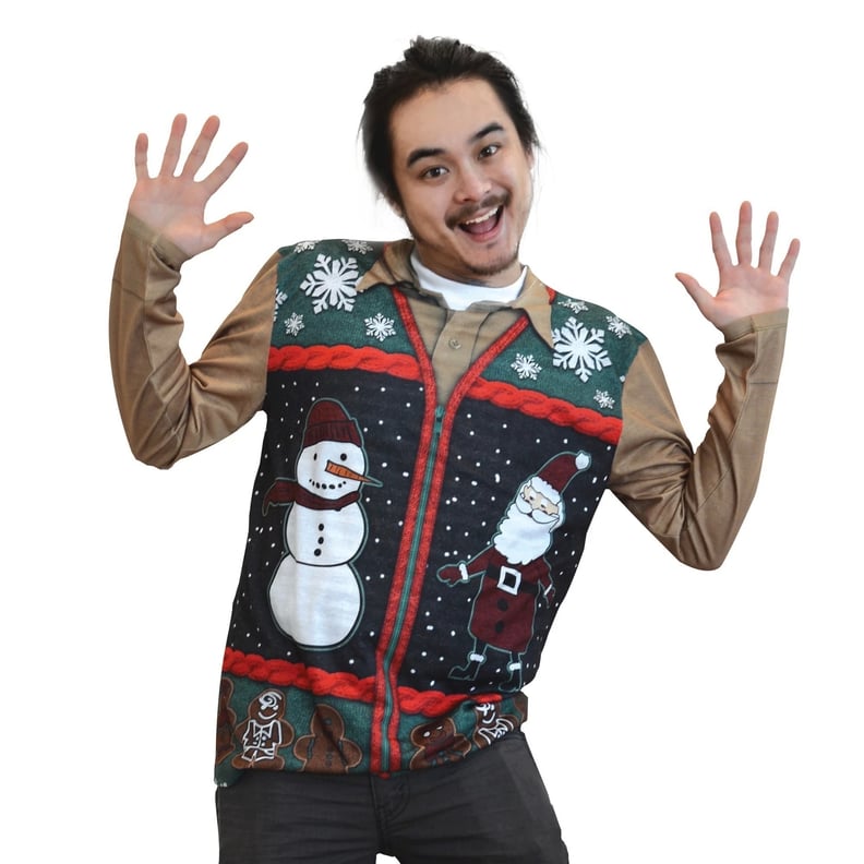 Men's Costume Ugly Christmas Zip Sweater Vest, Long Sleeve Tee