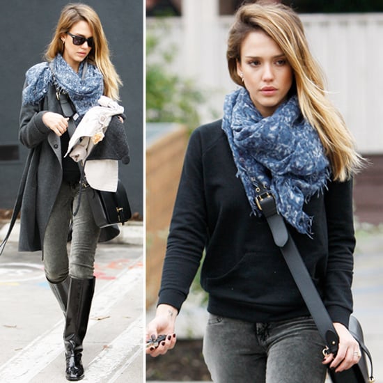 Jessica Alba Wearing Gray Wrap Coat Popsugar Fashion
