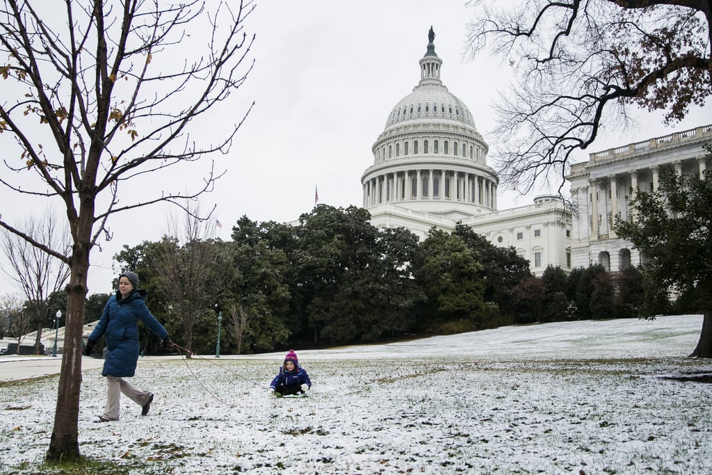 A woman pulled her daughter across snow-covered grass in Washington DC.