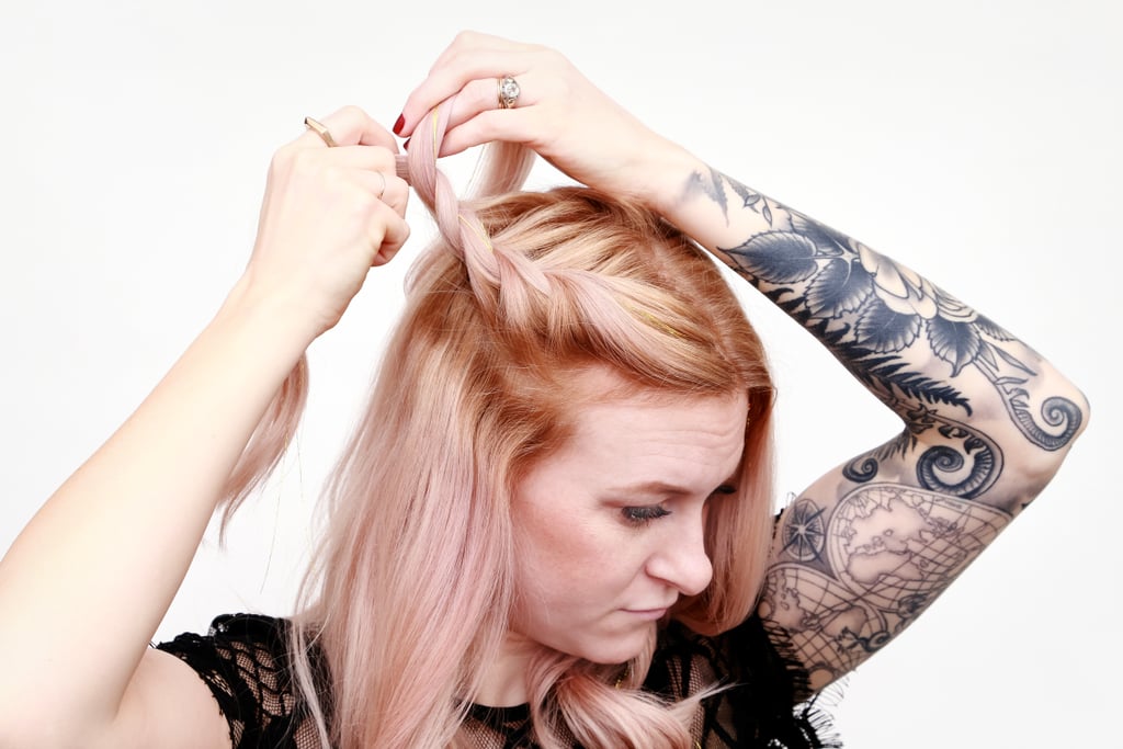 Continue this process, incorporating new sections into the braid until you've reached the back of your head. The last section of new hair that is brought into your plait should be at your crown.