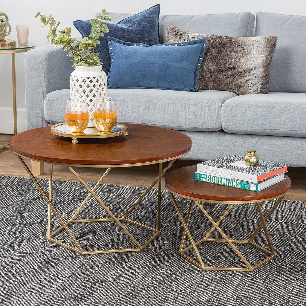 Geometric Gold and Walnut Wood Nesting Coffee Tables