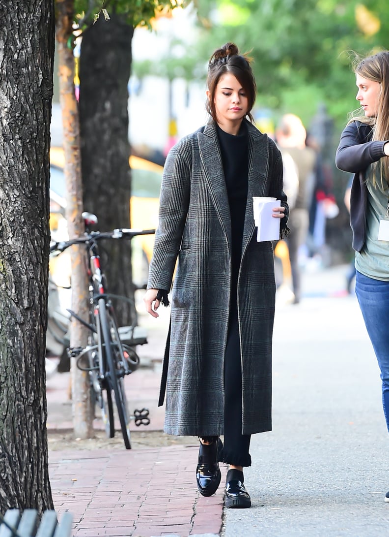 Selena Gomez Was Seen at the Set of Her New Movie Wearing a Tweed Coat