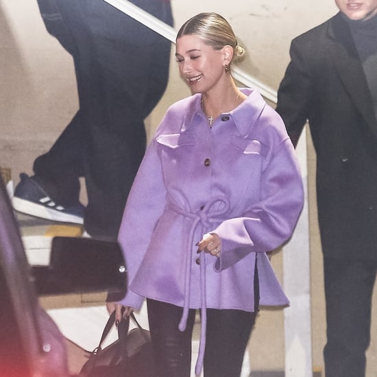 Hailey Baldwin in Lavender Coat With Justin Bieber