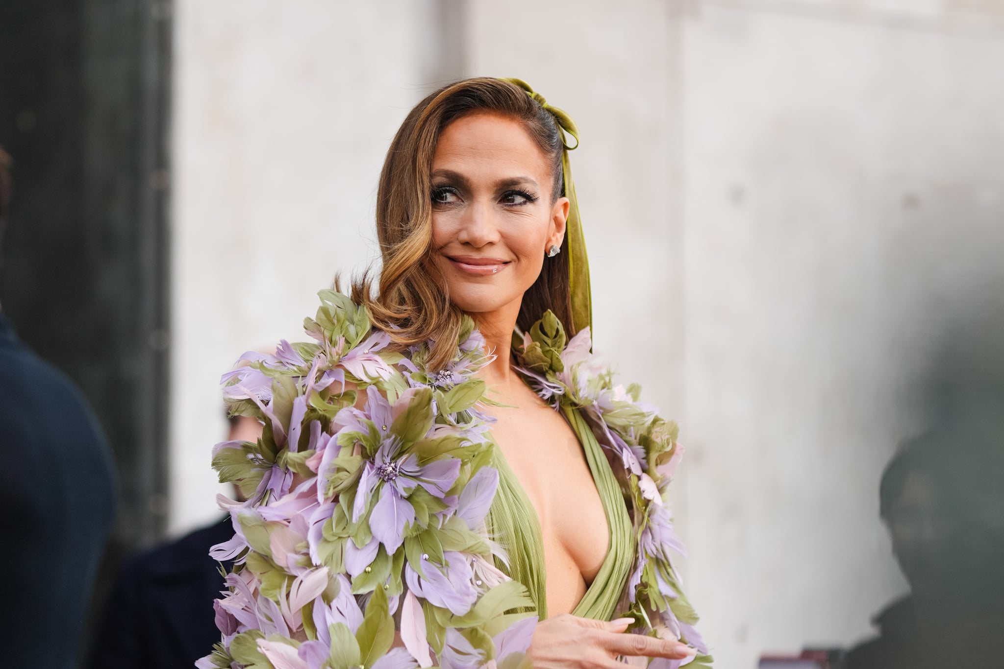 PARIS, FRANCE - JANUARY 24: Jennifer Lopez is seen, outside Elie Saab, during the  Haute Couture Spring/ Summer 2024 as part of Paris Fashion Week on January 24, 2024 in Paris, France. (Photo by Edward Berthelot/Getty Images)