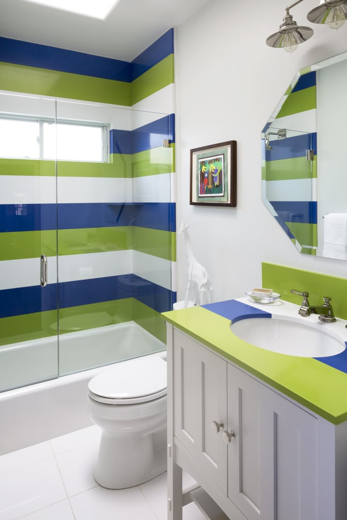Melissa loves the colorful shower in the kids' bathroom, made of Silestone. Lonni custom-designed the countertop. The bathroom fixtures are from Kohler.