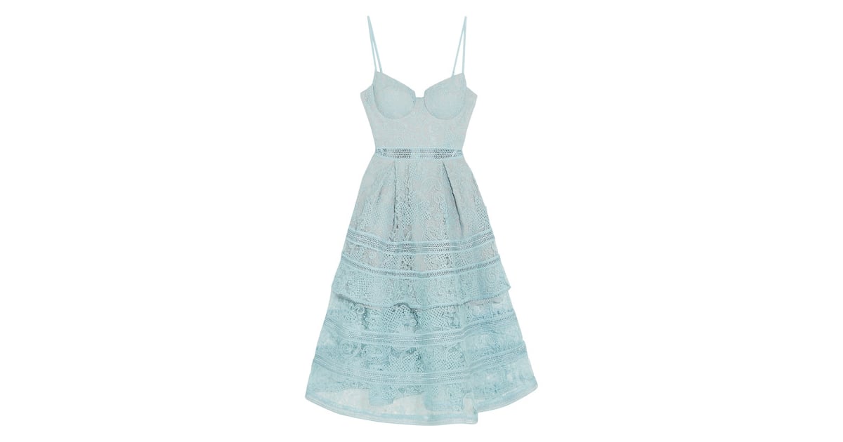Or, try this sky-blue Self-Portrait Tiered Paneled Guipure Lace Dress ...