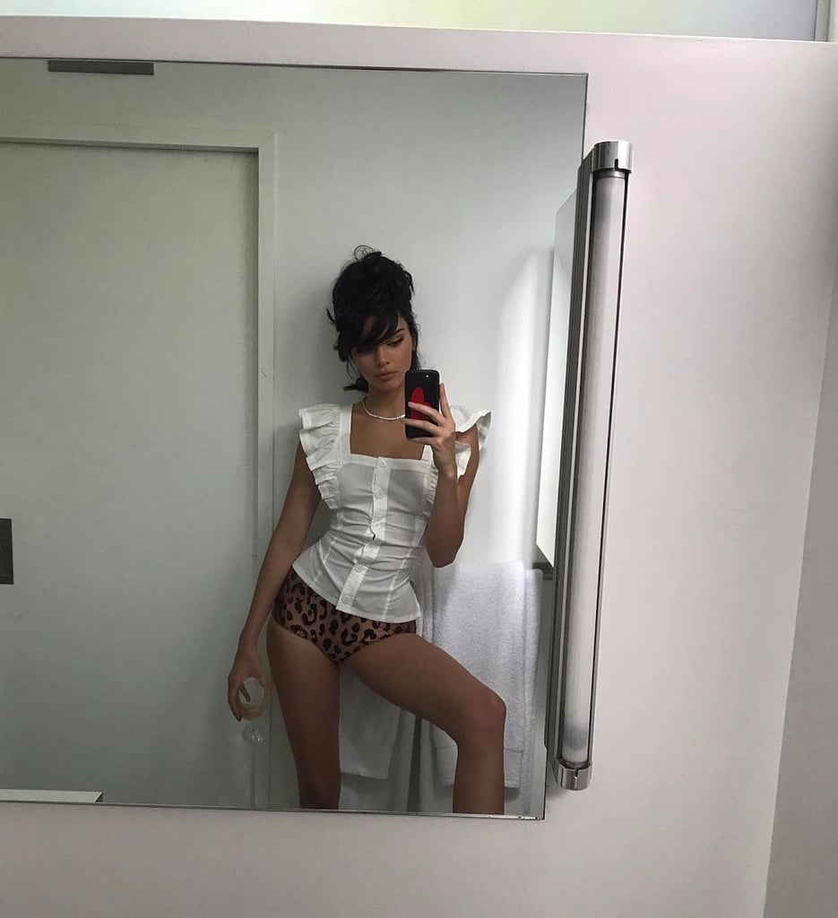 Kendall Jenner in White Blouse and Leopard Underwear