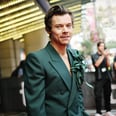 Harry Styles Pairs His Green Suit With a Floral Brooch and Matching Handbag