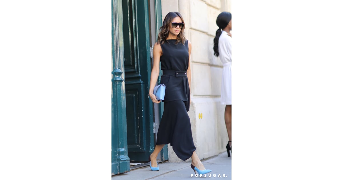 Victoria Beckham Black Dress and Blue Heels in Paris POPSUGAR Fashion Photo 2