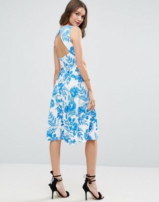 ASOS Cut Out Back Midi Dress in Blue Floral Print