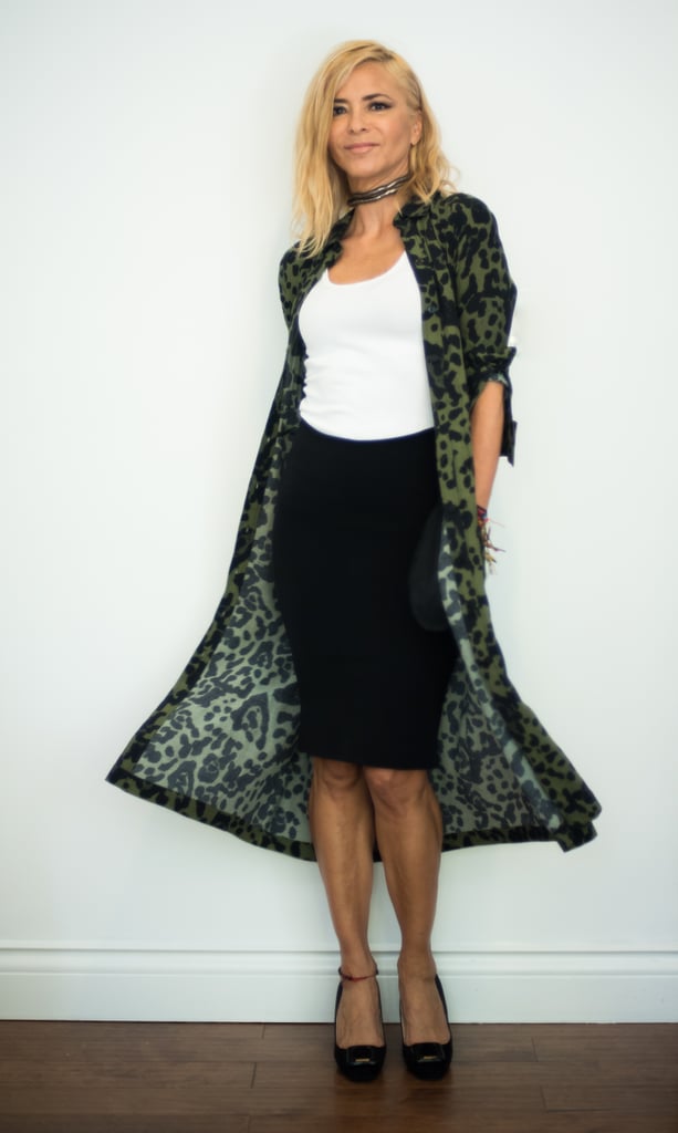 With a Black Pencil Skirt, a Printed Duster, a Choker, and Black Pumps