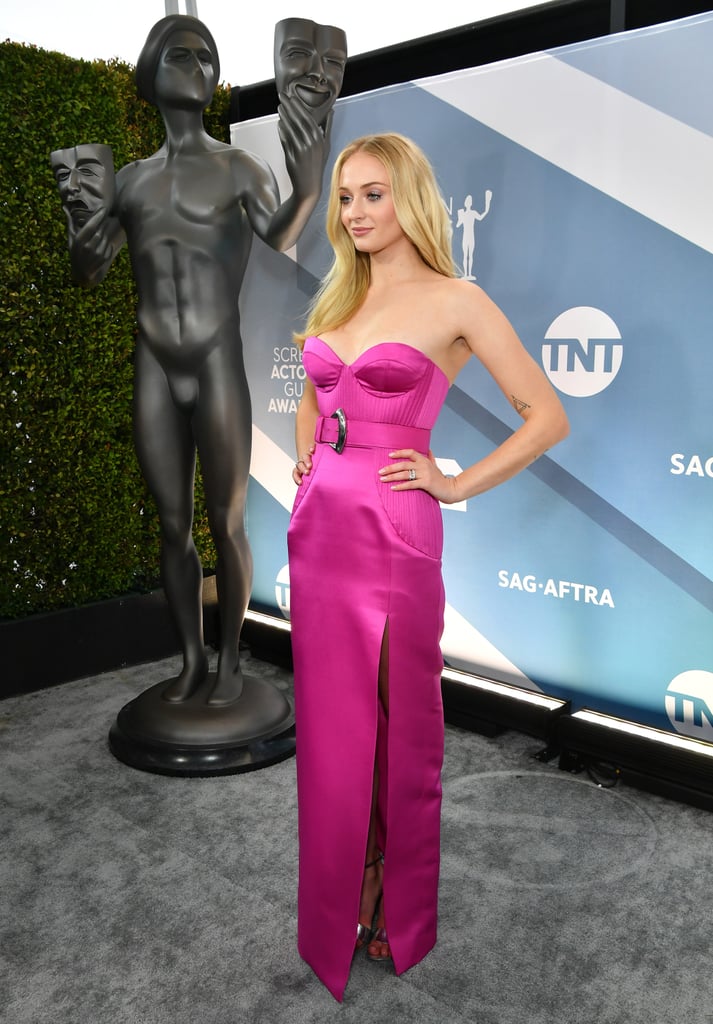 Sophie Turner at Emmys in pink Louis Vuitton as Joe Jonas calls