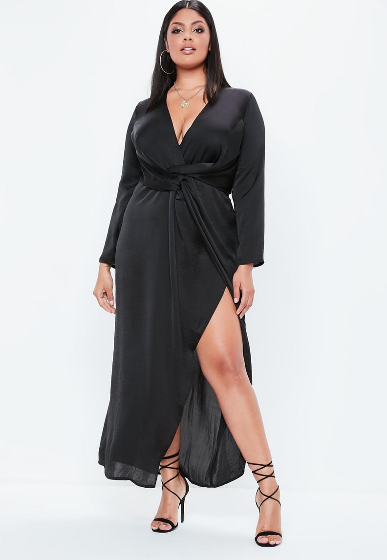 Missguided Black Satin Thigh Split Wrap Maxi Dress