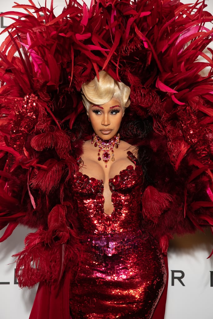 See Cardi B's Red Feathered Dress at Paris Fashion Week 2021