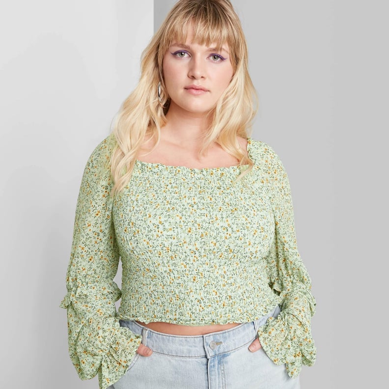 Wild Fable Plus Size Floral Print Long Sleeve Square Neck Smocked Top