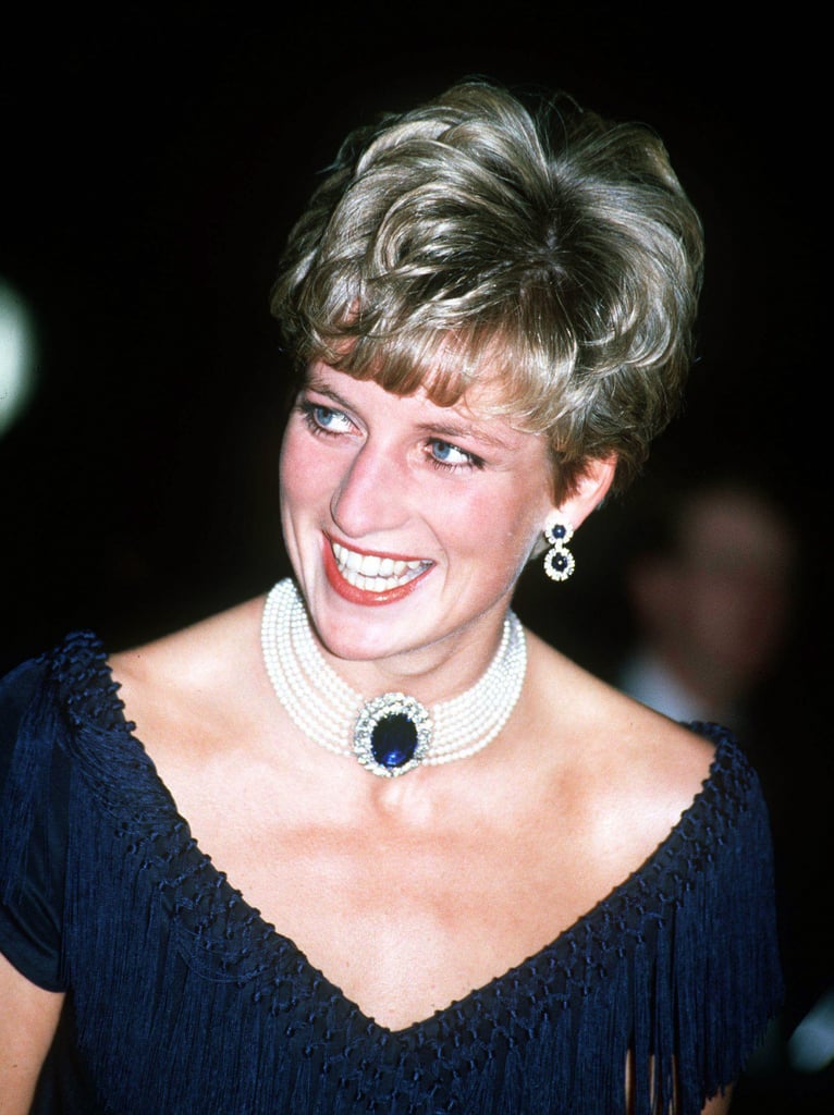 Diana's sapphire choker
Diana's second most famous sapphire was given to her by the Queen Mother as a wedding present. The whopping stone, surrounded by diamonds, was originally a brooch, and Diana wore it several times before having it converted into the centerpiece for a seven-strand pearl choker.