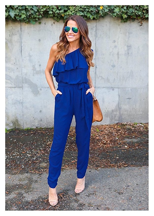 Navy One-Shoulder Ruffle Jumpsuit by Girl in Mind